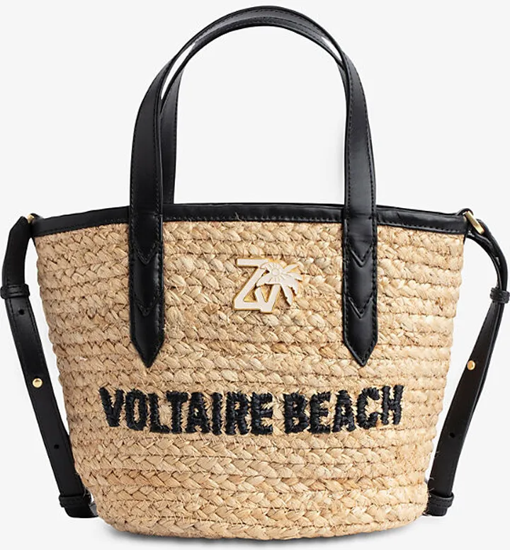Womens Noir Slogan-embroidered Leather-strap Jute Tote bag