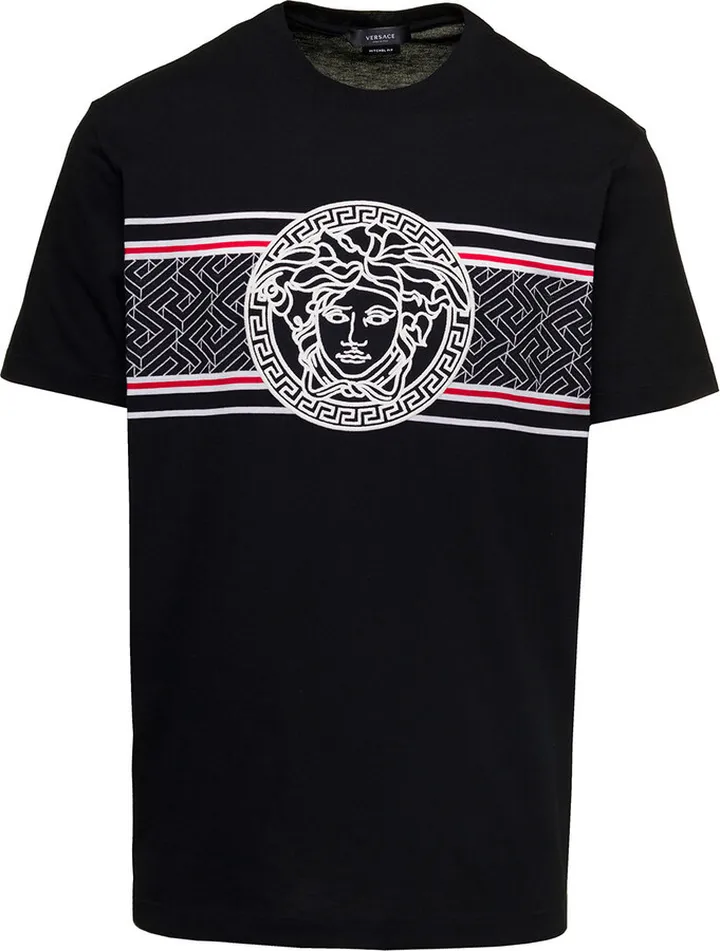 Black T-shirt With Striped Print And Medusa Head Embroidery In Cotton Man