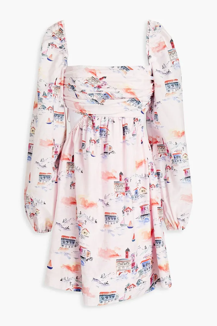 Ruched printed cotton and silk-blend poplin mini dress