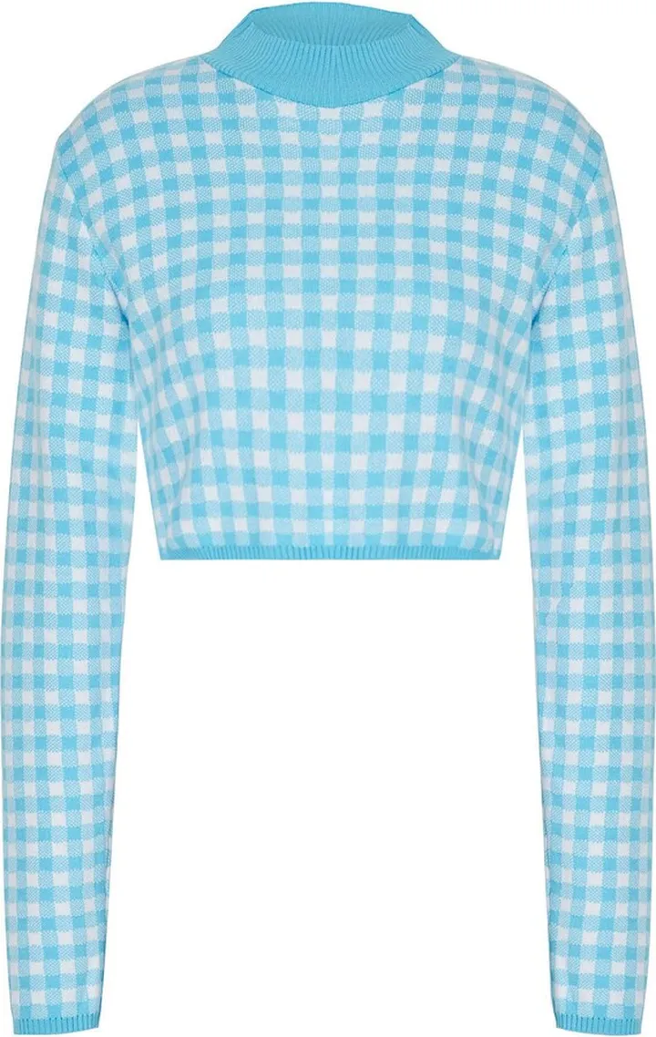 Cotton-blend Check Knit Crop-top Turtleneck Turquoise