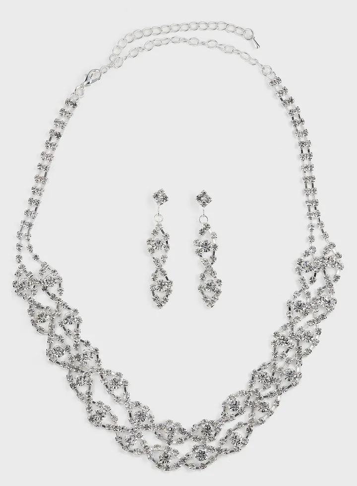 Rhinestone Necklace & Drop Earring Set
