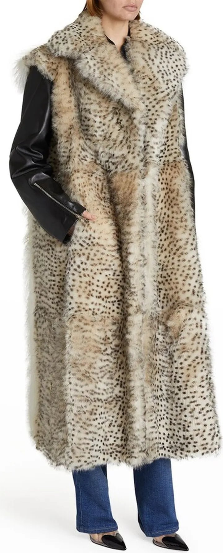 Leather-Sleeve Lamb Shearling Long Coat