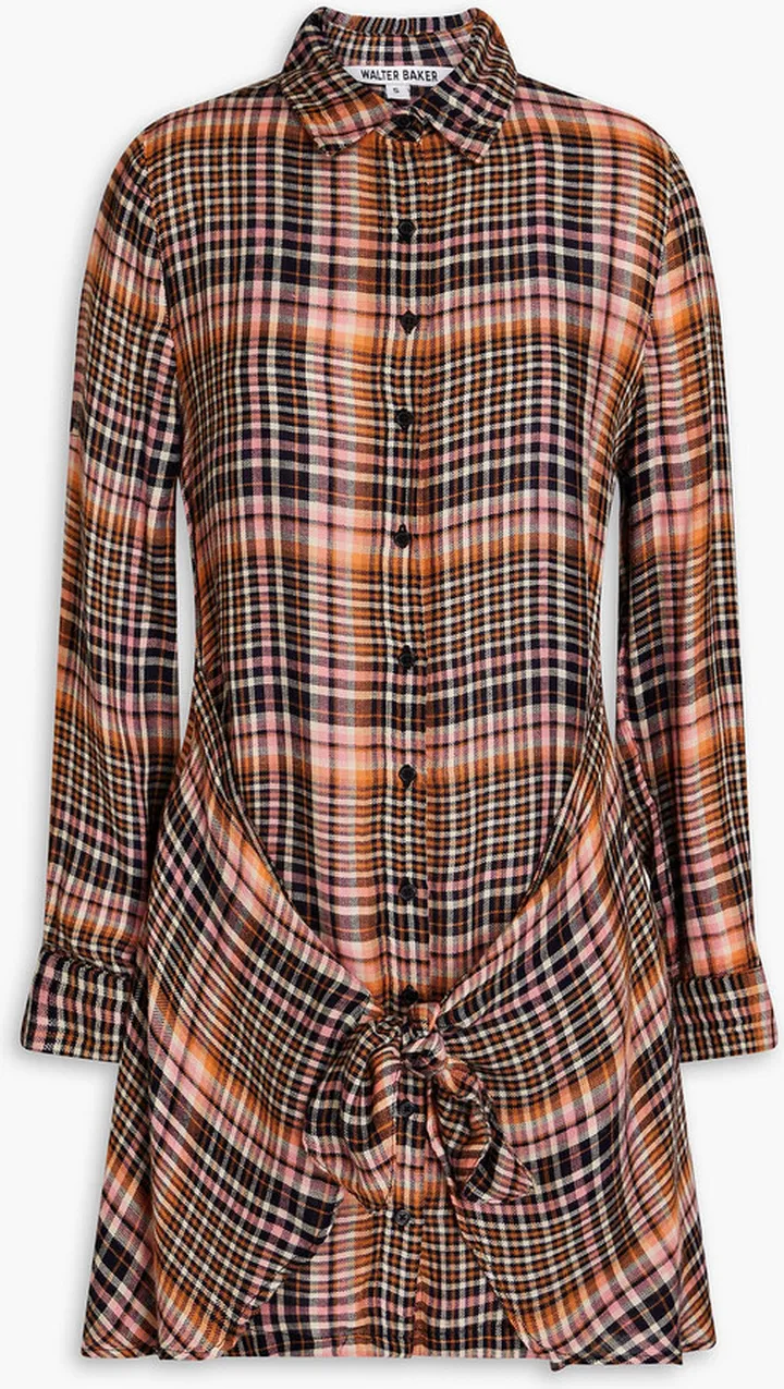 Knotted gingham woven mini shirt dress