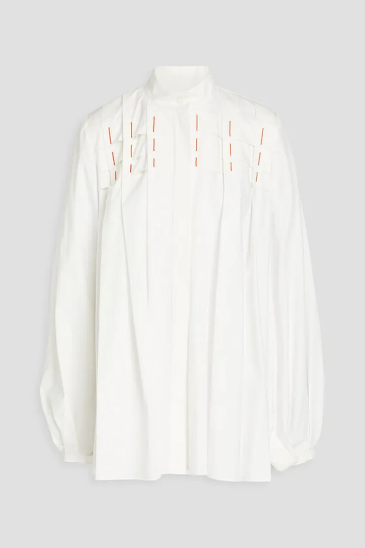 Pleated embroidered cotton-poplin shirt