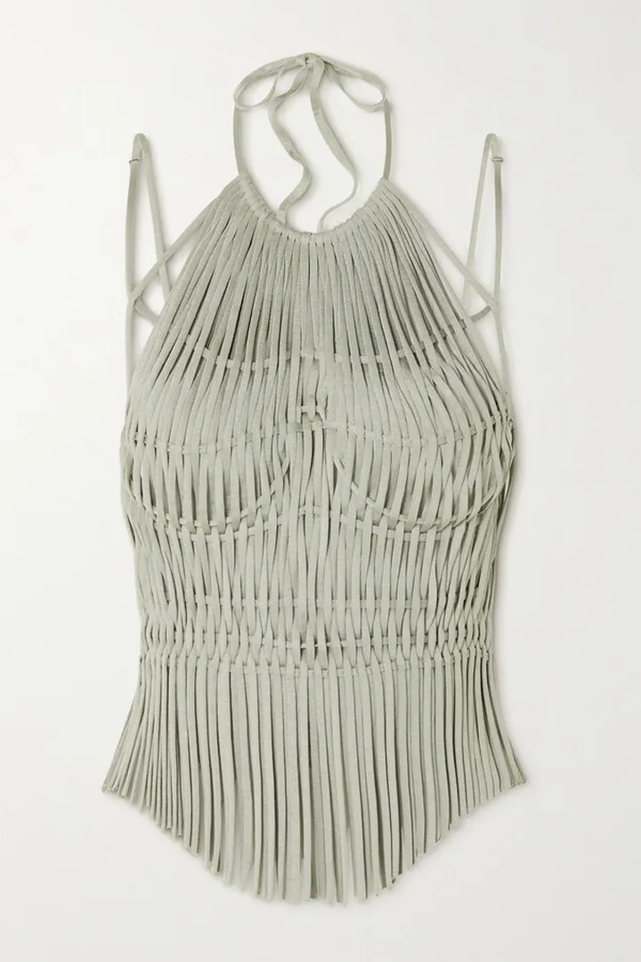 Isa Boulder - Papercut Metallic Open-knit Halterneck Top - Silver