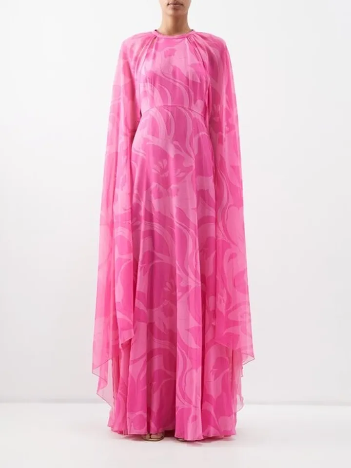 Printed Silk Cape-sleeve Gown
