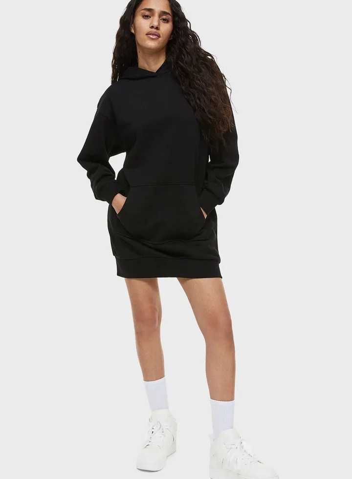 Pocket Detail Hooded Sweatshirt Dress