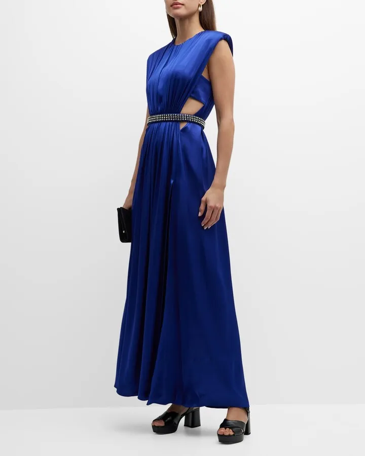 Cutout Strong-Shoulder Crystal-Belt Satin Gown