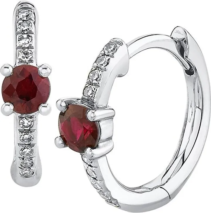 14K White Gold & 0.06 TCW Diamond & Ruby Huggie Earrings