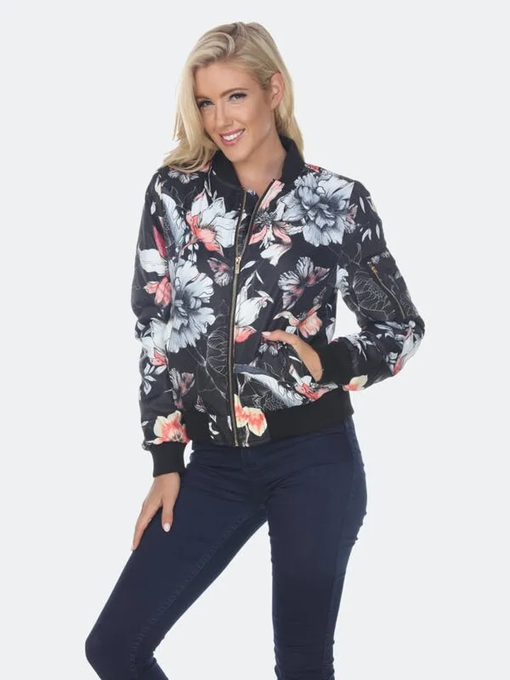 White Mark Floral Bomber Jacket - Black