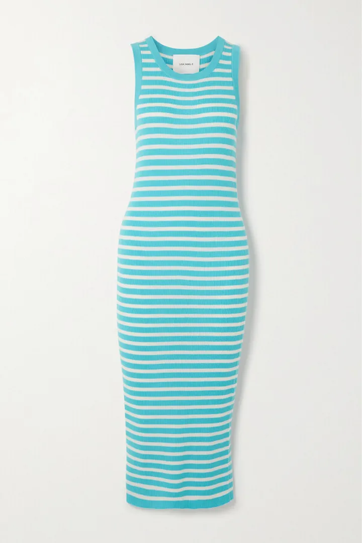 Lisa Yang - Nicolette Striped Ribbed Cashmere Midi Dress - Blue