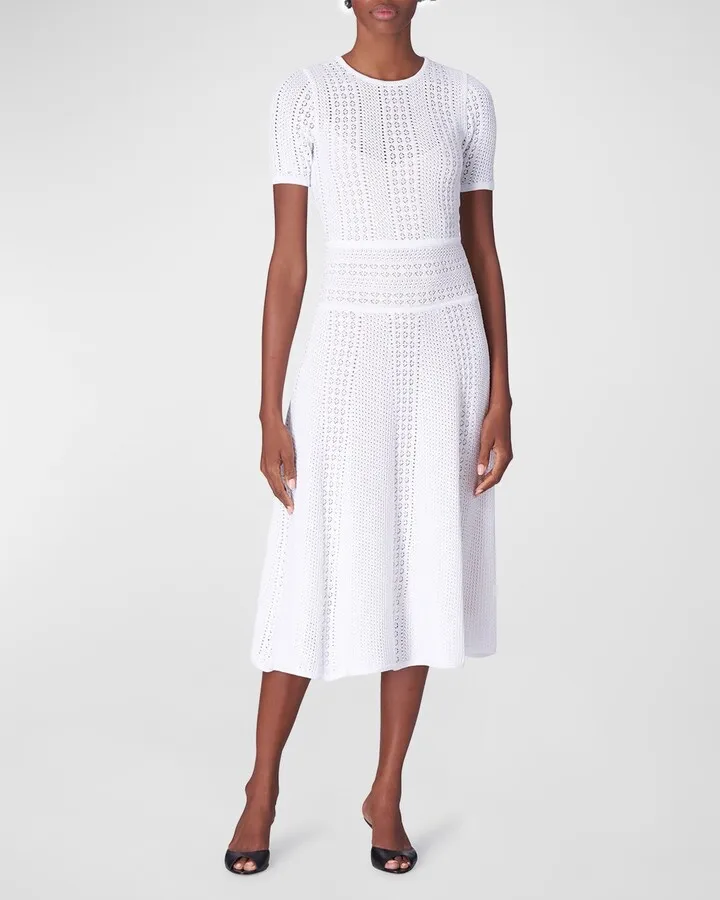 Wide-Waistband Crochet Knit Midi Dress