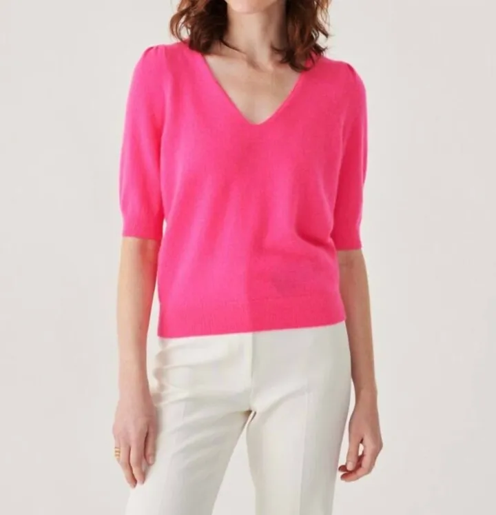 Cashmere Puff Sleeve Top in Electric Magenta