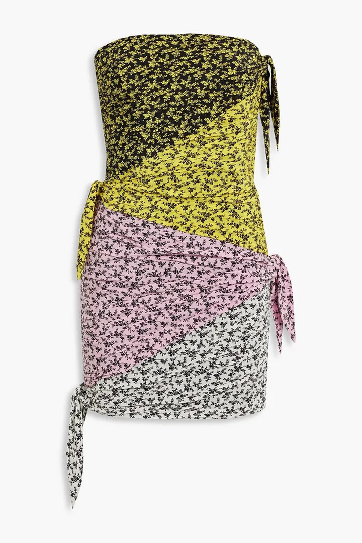 Strapless pleated printed silk-crepe mini dress