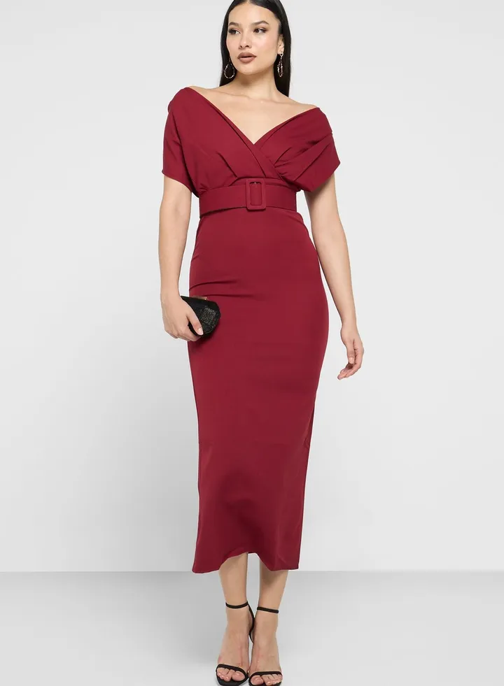 Off Shoulder Belted Shift Dress