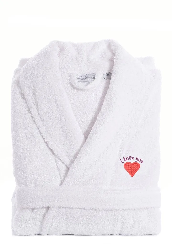 'I Love You' Embroidered White Terry Bathrobe
