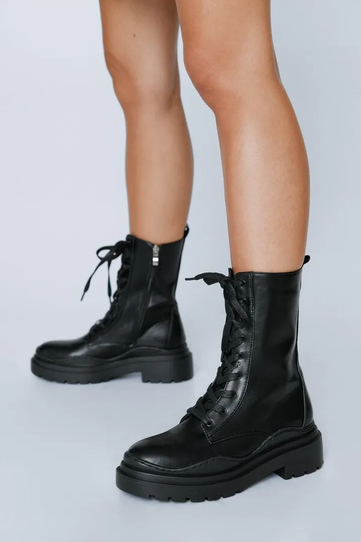 Nasty Gal Womens Faux Leather Chunky Lace Up Biker Boots