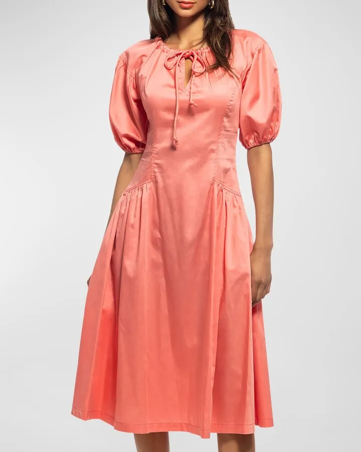 Poppy Puff-Sleeve Gathered Midi Dress