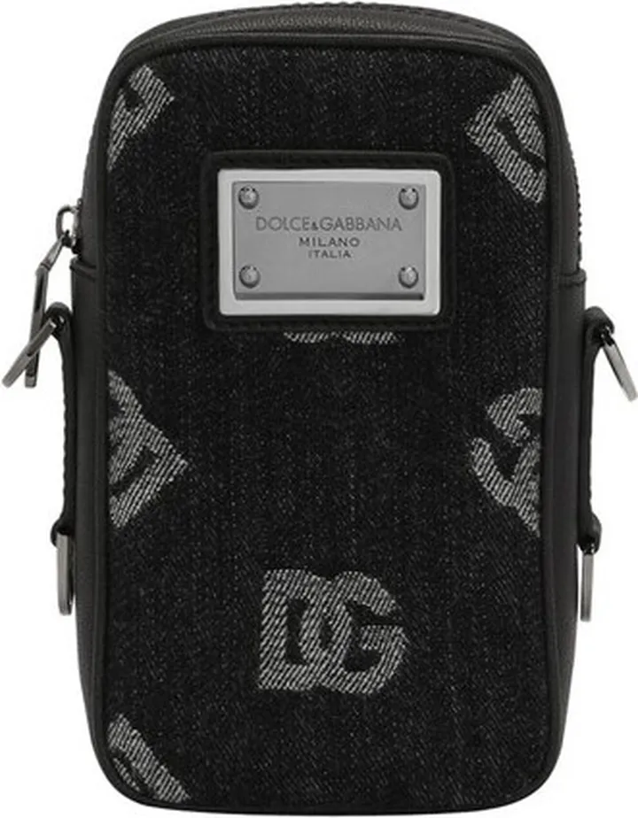 Small calfskin and denim crossbody bag with logo