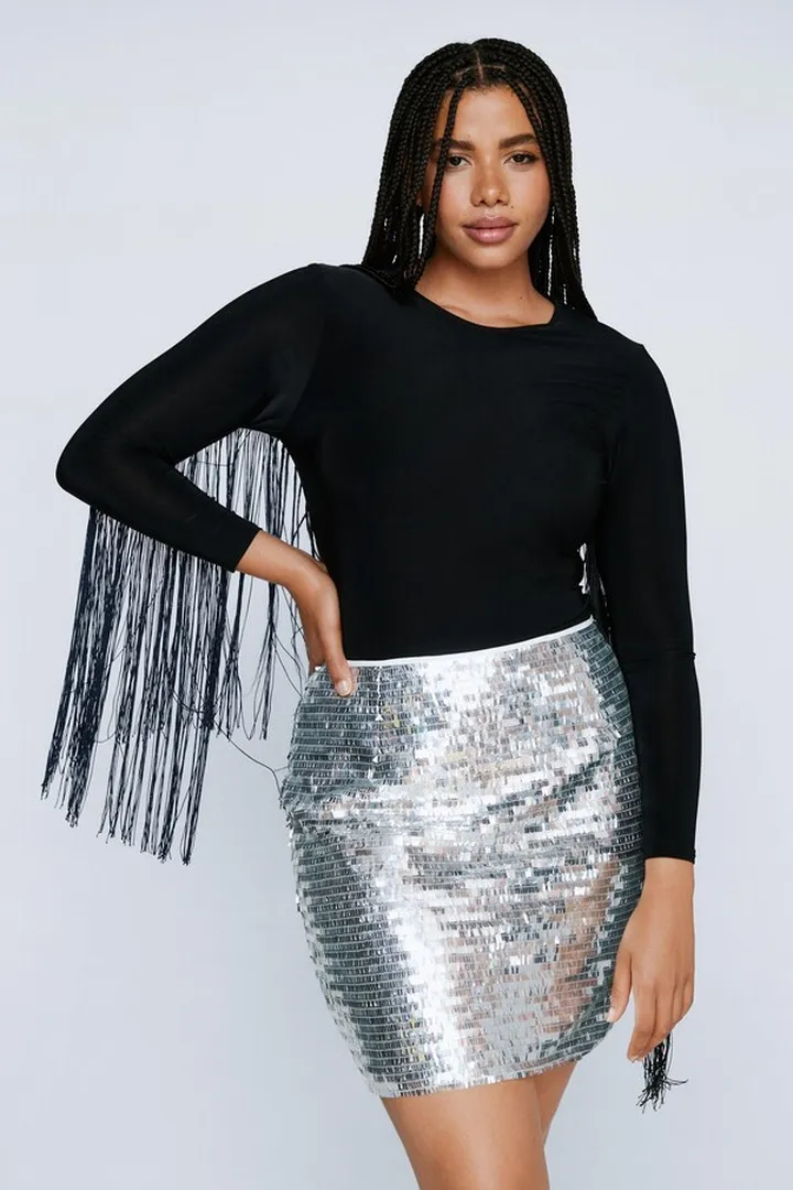 Nasty Gal Womens Plus Size Fringed Long Sleeve Bodysuit
