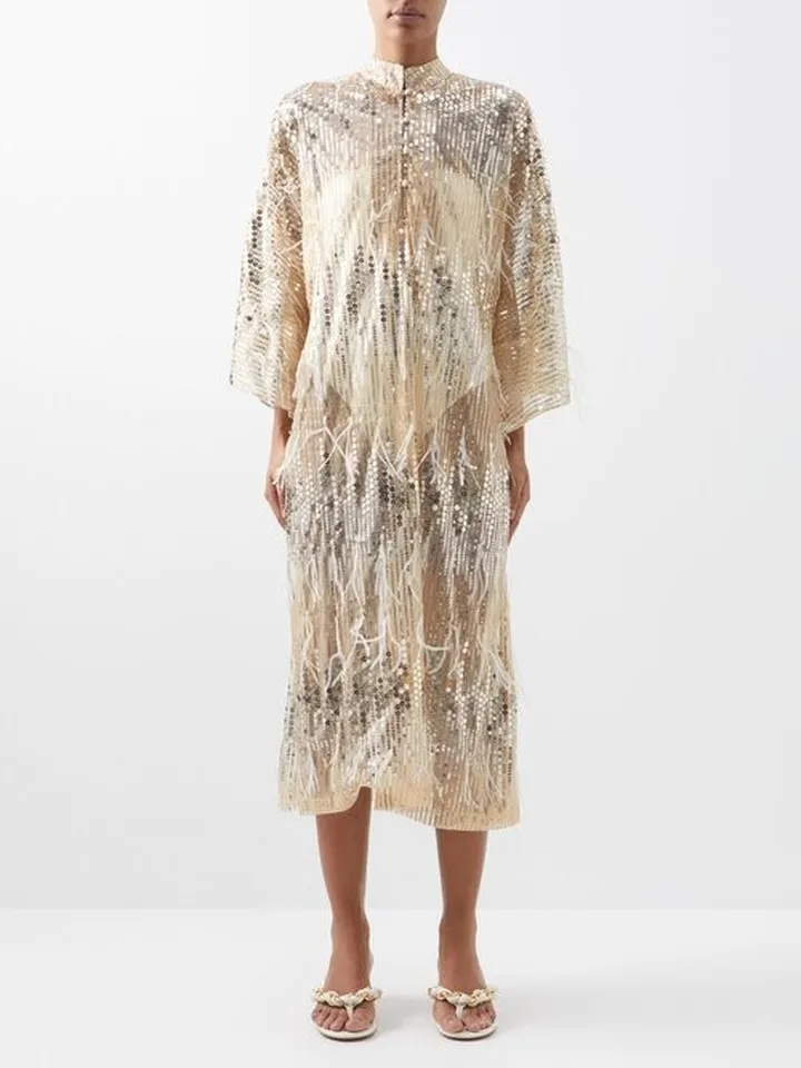 Feather-trimmed Sequinned Tulle Kaftan