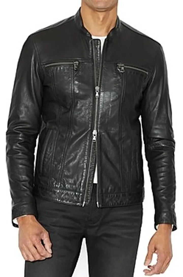 John Varvatos Star Usa Leather Band Collar Moto Jacket