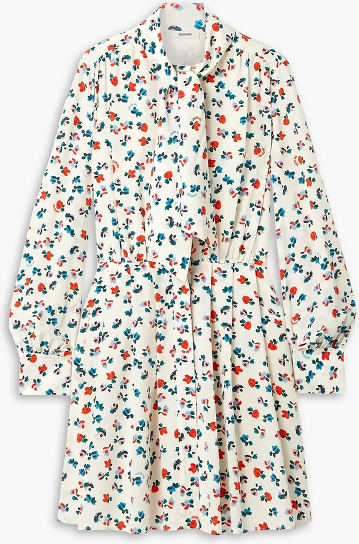 Pleated floral-print silk crepe de chine mini shirt dress