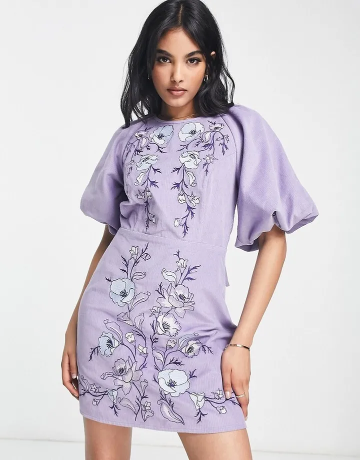 ASOS DESIGN tie back floral embroidery cord mini dress in lilac