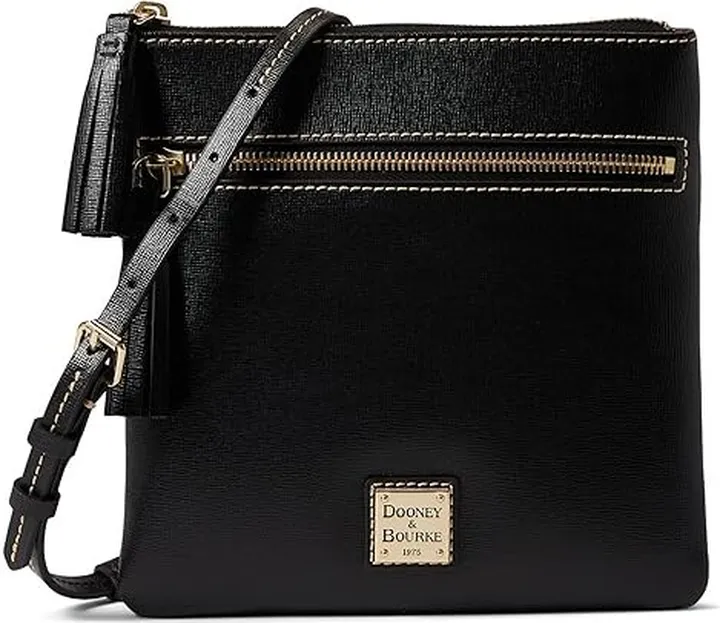 Dooney & Bourke Saffiano Double Zip Tassel Crossbody (Black) Handbags