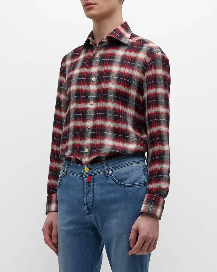 Men's Plaid-Print Linen Sport Shirt