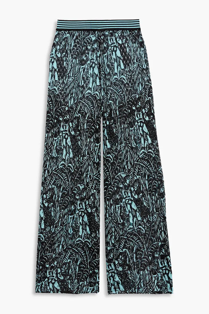 Printed crochet-knit silk-blend wide-leg pants