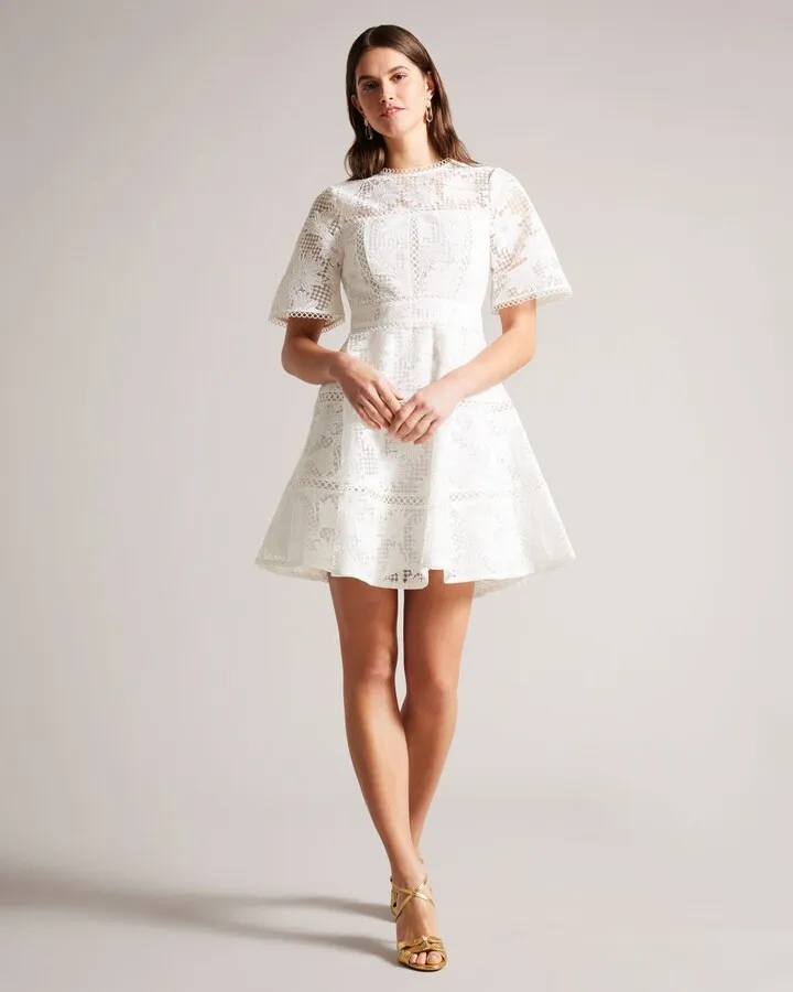 Mini Fit And Flare Lace Dress in White