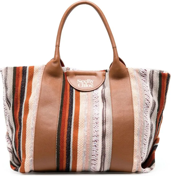 Brown Laetizia Striped Cotton Tote Bag