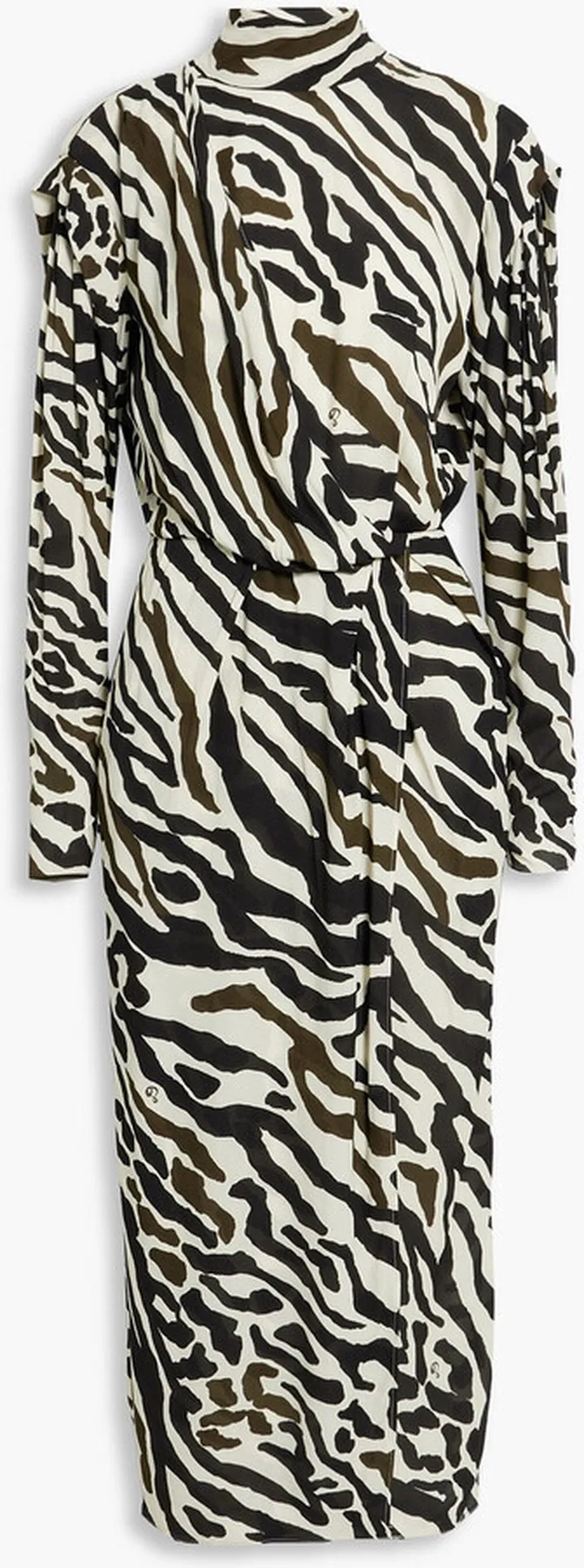 Wrap-effect zebra-print crepe turtleneck midi dress