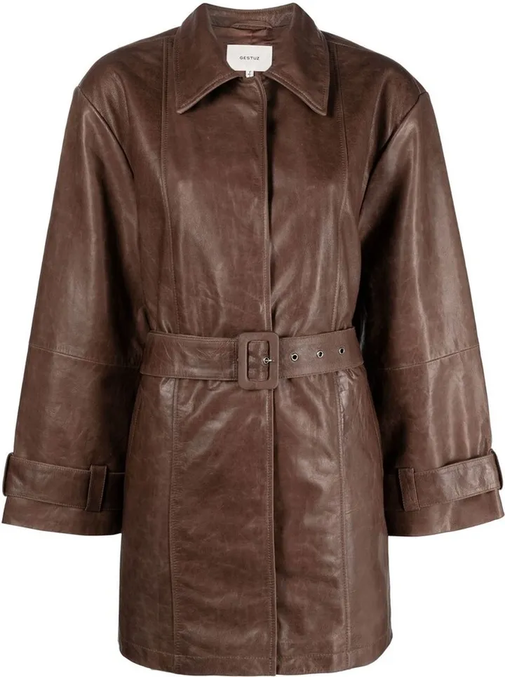 Belted-Waist Leather Coat
