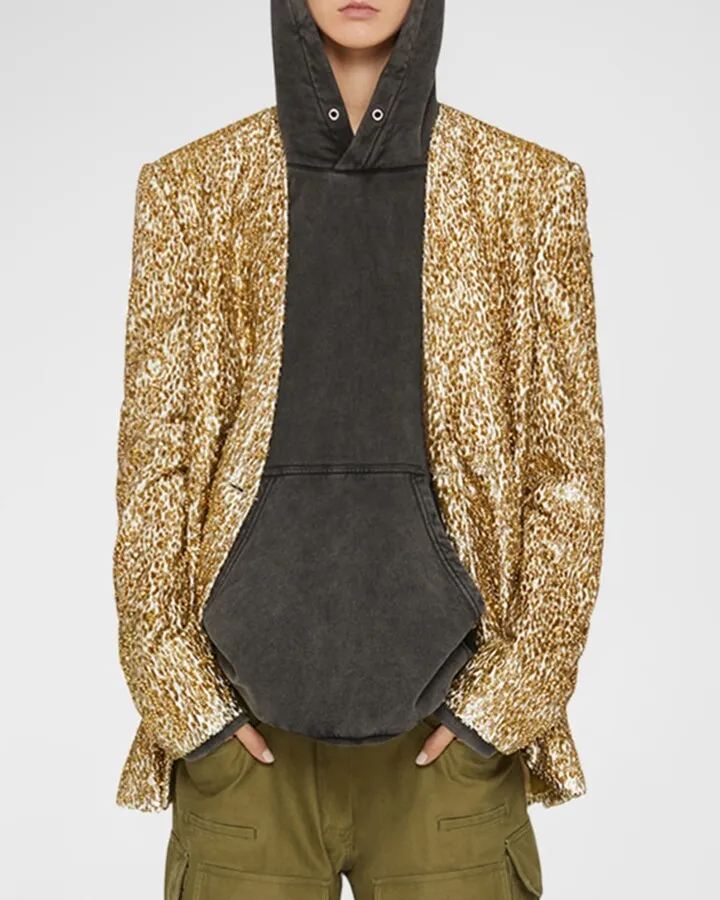 Beaded Double-Breasted Collarless Metallic Jacquard Jacket