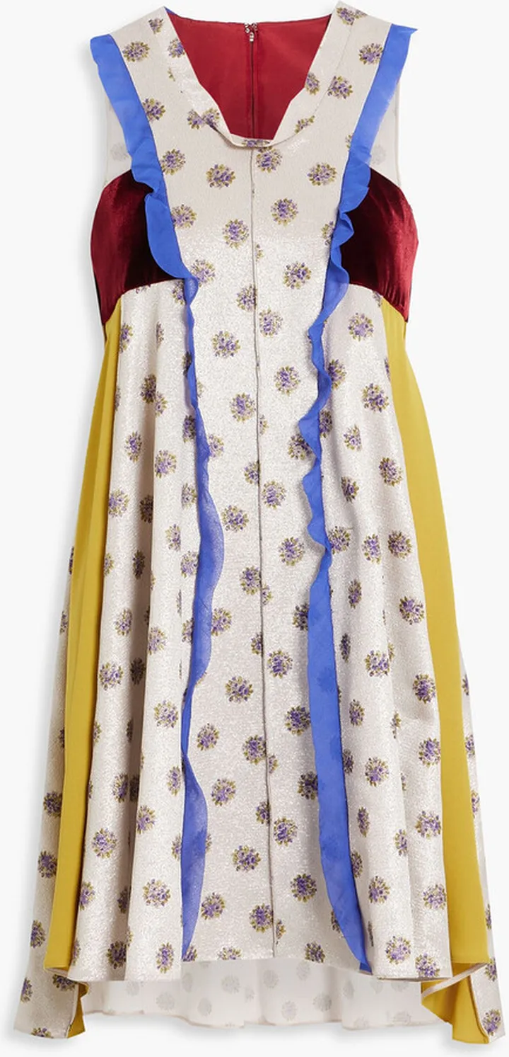 Velvet-paneled metallic textured-crepe mini dress