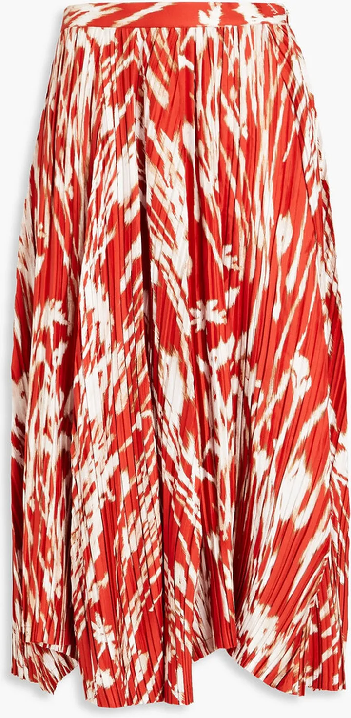 Printed plissé silk-satin midi skirt