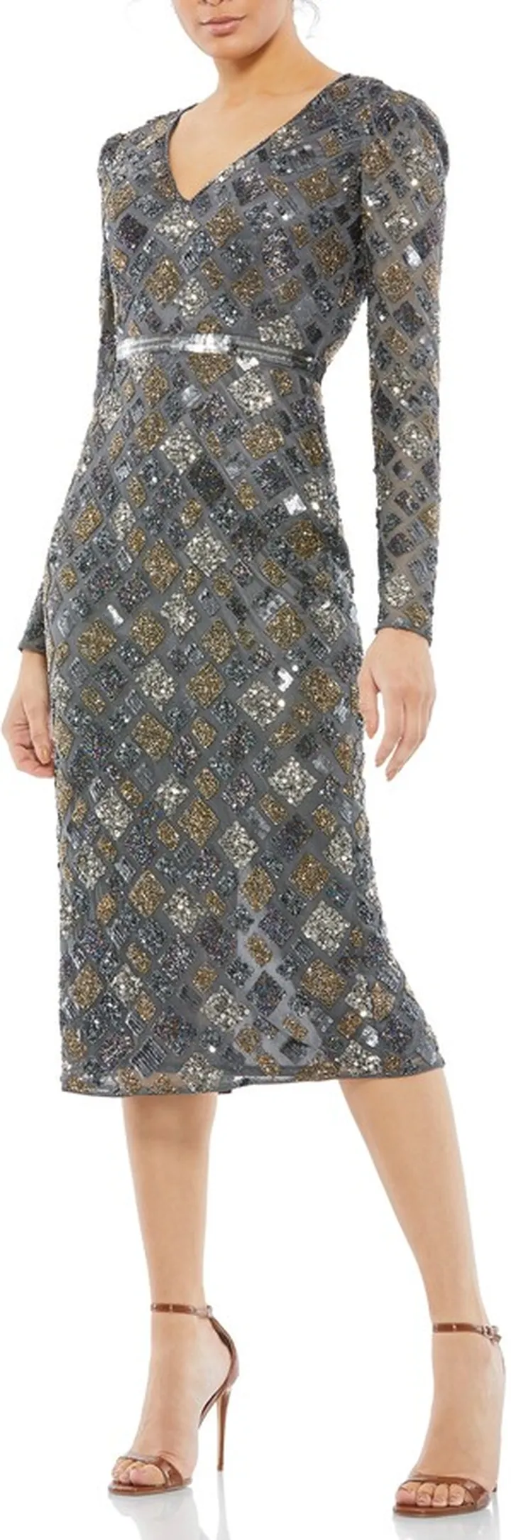 Diamond Bead Long Sleeve Midi Dress