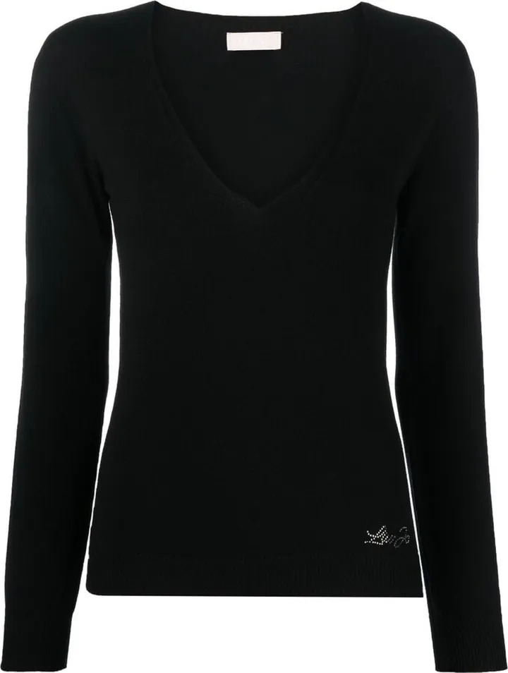 rhinestone-logo V-neck jumper