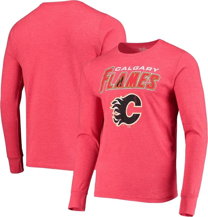 Men's Majestic Threads Heathered Red Calgary Flames Wordmark Logo Tri-Blend Long Sleeve T-shirt