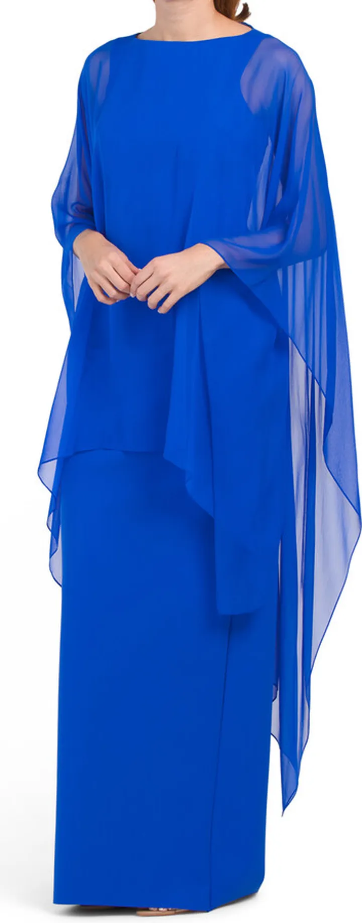 Scuba Sheath Gown With Chiffon Cape