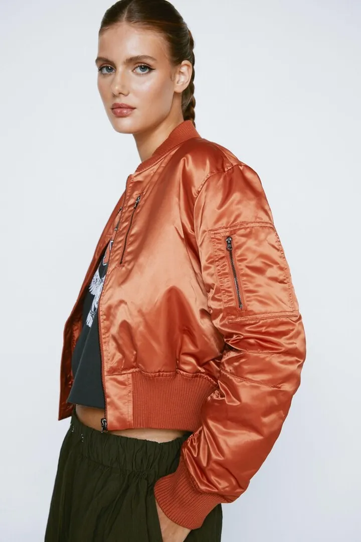 Nasty Gal Womens Ruched Sleeve Cropped Bomber Jacket