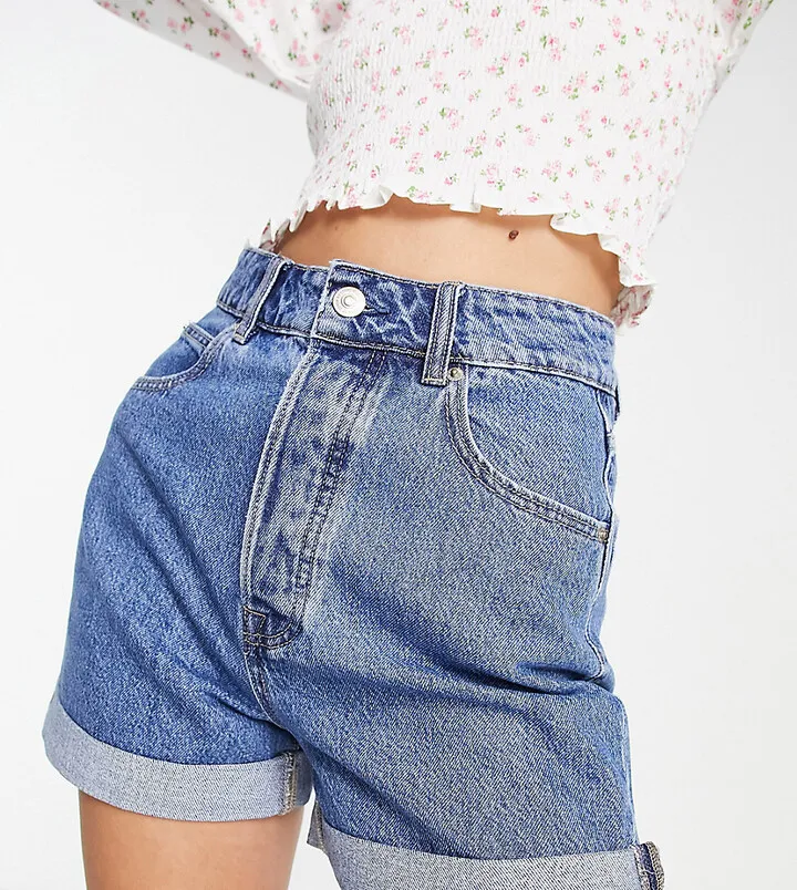 Stradivarius Tall mom denim short in deep blue wash