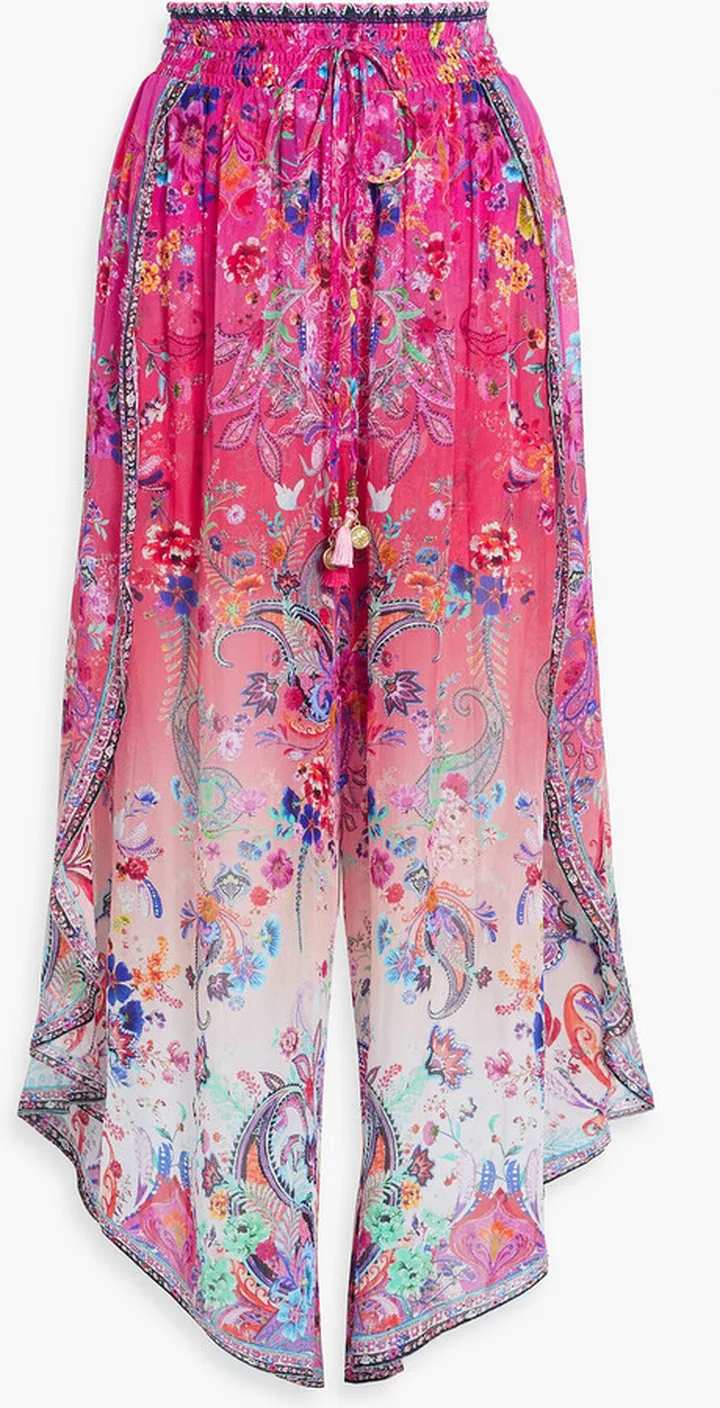Crystal-embellished printed silk crepe de chine wide-leg pants