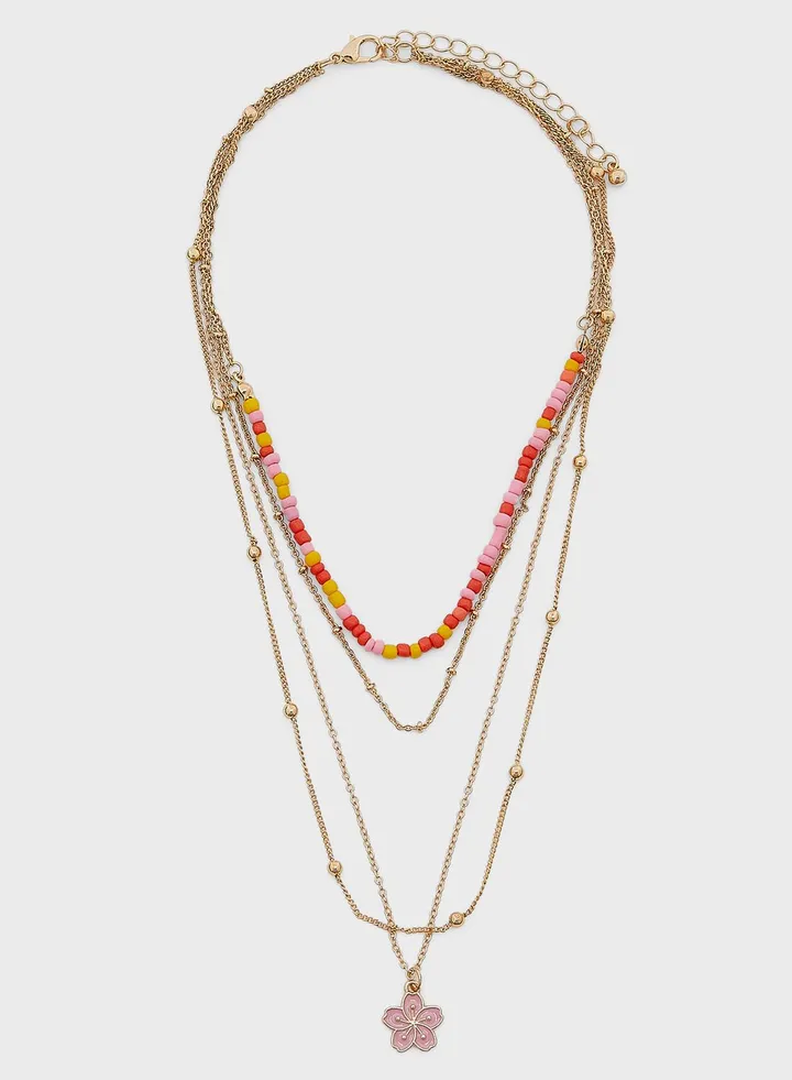 Floral Pendant Beaded Layered Necklace