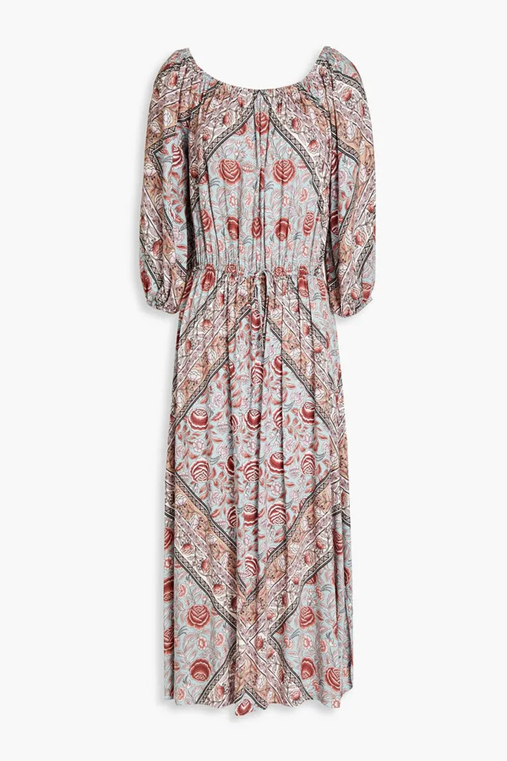 Mira gathered floral-print crepe midi dress