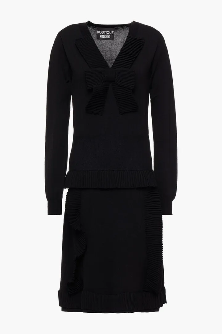 Ruffle-trimmed bow-embellished knitted dress
