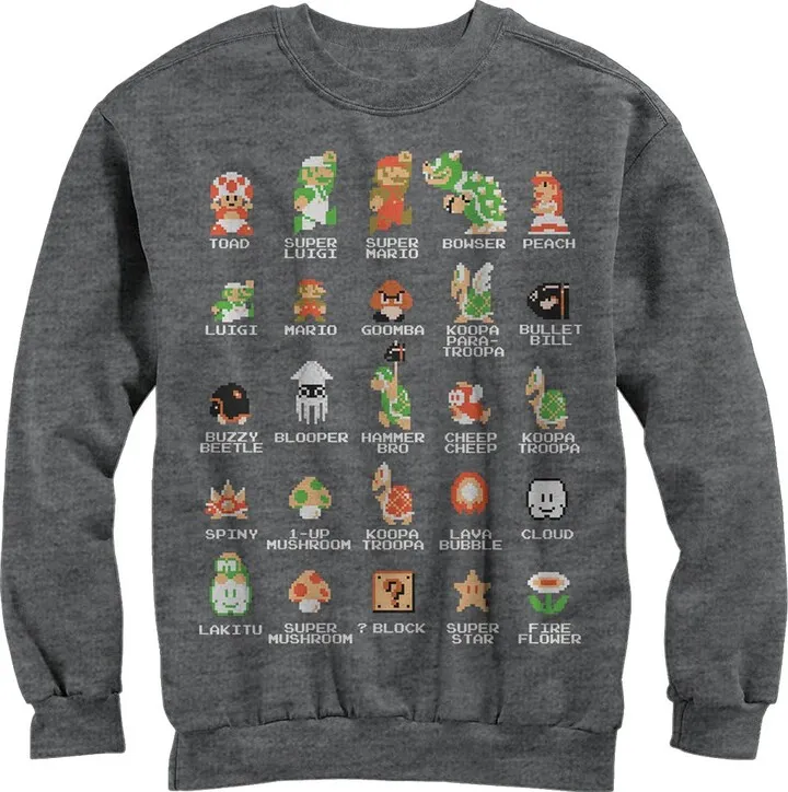 Men's Nintendo Super Mario Bros Character Guide Sweatshirt - Charcoal Heather - Small