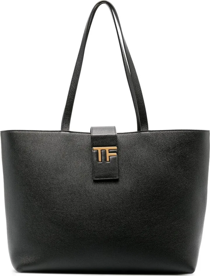 Black Logo Plaque Leather Tote Bag